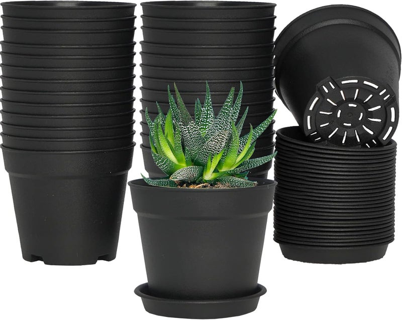 SwinDuck 4 inch Small Plant Pots, 28 Pack Plastic Planters with Drainage Holes and Saucers for Flowers Plants, Succulents, Seed Starting Pots, Black - Image 1
